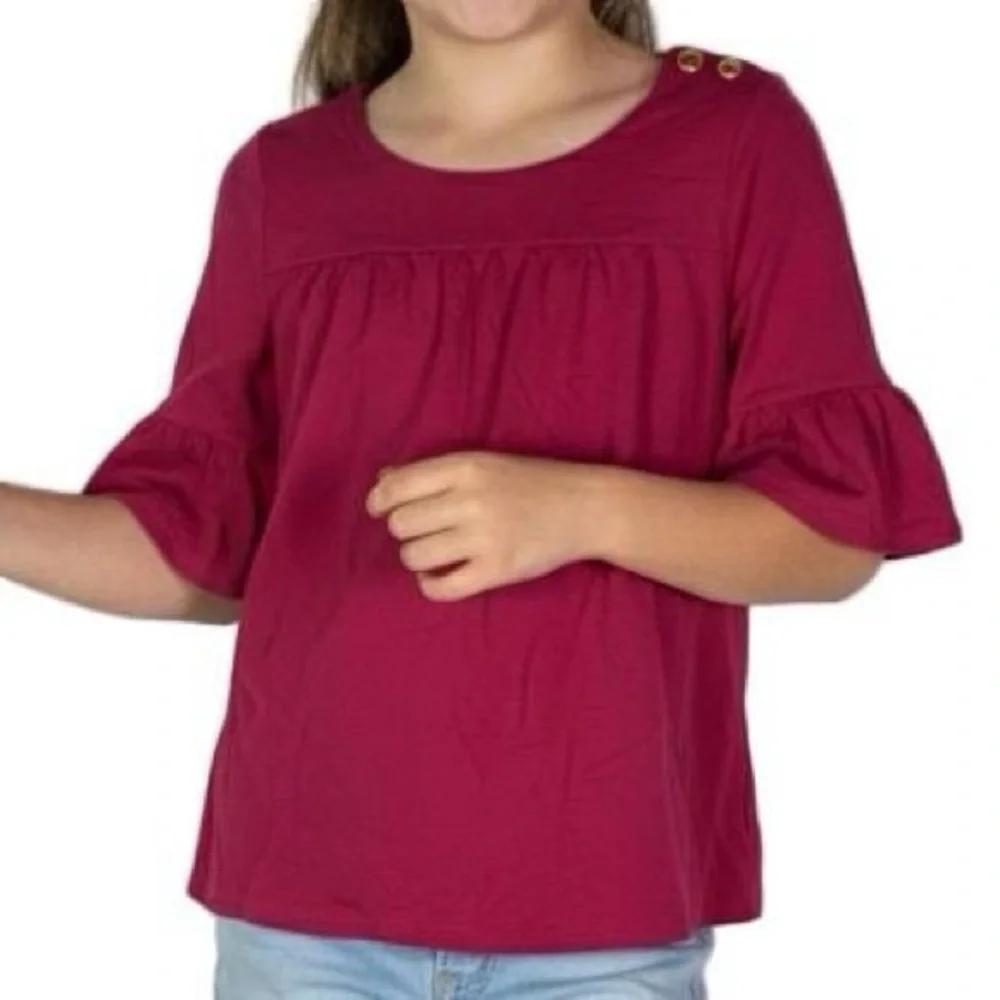 GAP Kids Fuchsia Flutter Ruffle Sleeve Top Gold Button Detail Girls S‎ 6-7 NWOT